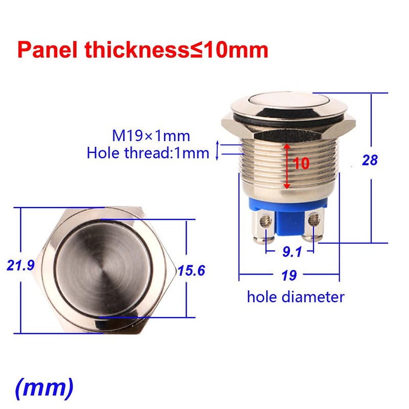 Gebildet 3pcs Momentary Push Button Screw Type terminals Stainless Steel Metal Waterproof Button 19mm 2A 12V/24V/125V/250V with 2 Screw Terminals Stainless Steel (Flat Head) - Image 2